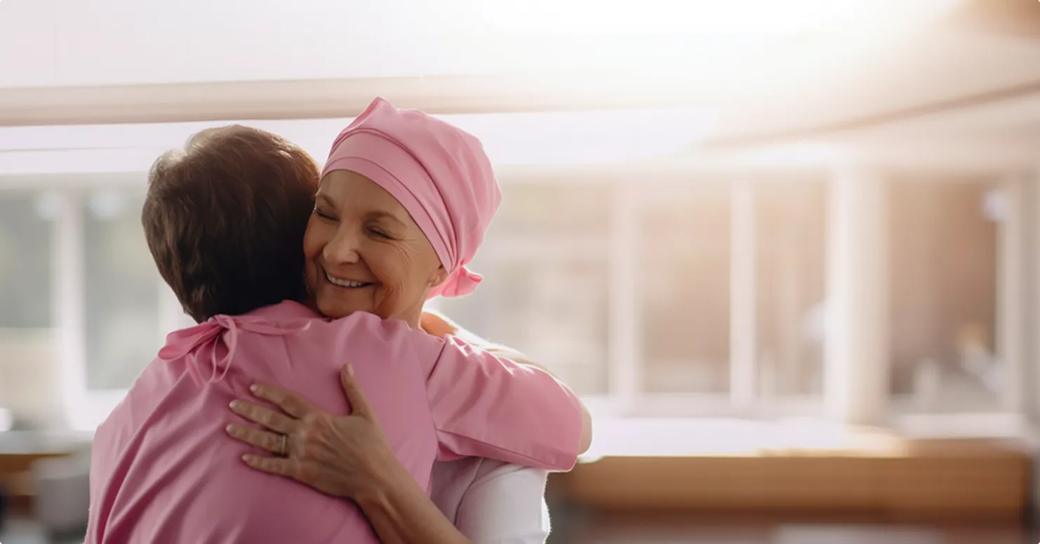 Two women embracing, one wearing a pink headscarf, in support of breast cancer awareness